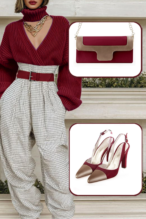 Women's copper and burgundy red elegant slingback heels. Tapered toe. High kitten heels - Worn view